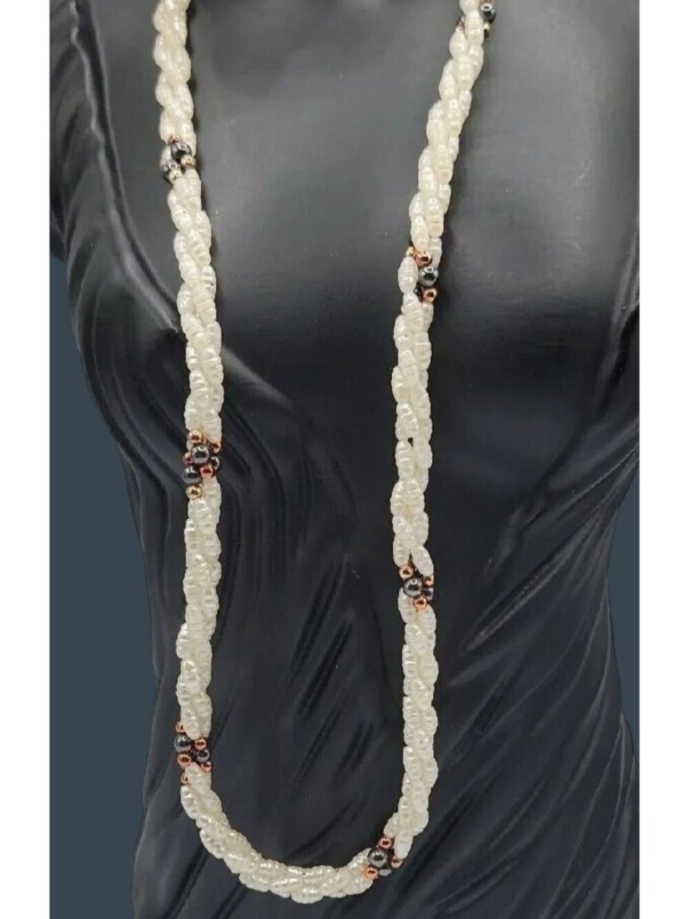 VTG Twisted Rice Bead Necklace Gold & Silver Accent Beads 24" Beaded Boho Style